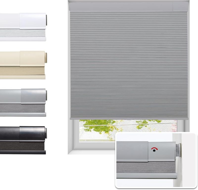 Photo 1 of No Drill Cellular Shades for Indoor Windows, Thermal Insulating & Noise Reducing Honeycomb Blinds, Free Stop Cordless Blackout Shades, Grey, 35" W x 64" H