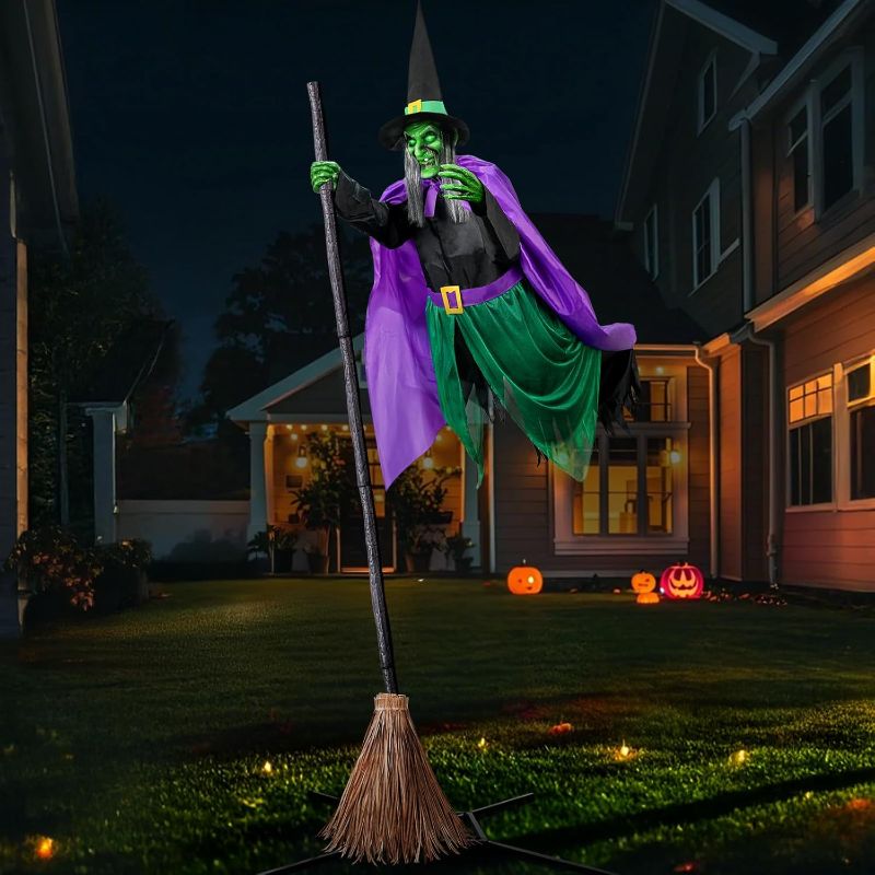 Photo 1 of Halloween Decorations Outdoor - 12 Ft Animated Hovering Witch Animatronics Prop with Sound & Touch Activated Sensor - Spooky Scary Decor for Home Outside Garden Yard Lawn
