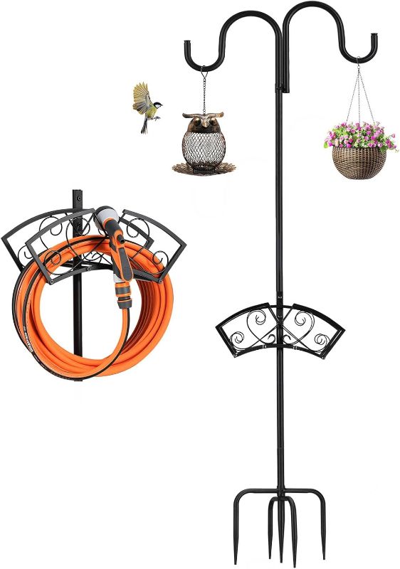 Photo 1 of Double Shepherds Hooks for Outdoor, Upgraded Heavy Duty Bird Feeder Pole, Freestanding Hose Stand Adjustable Water Hose Holder with 5 Prongs Base, Thickened Garden Hooks for Outside Yard Lawn