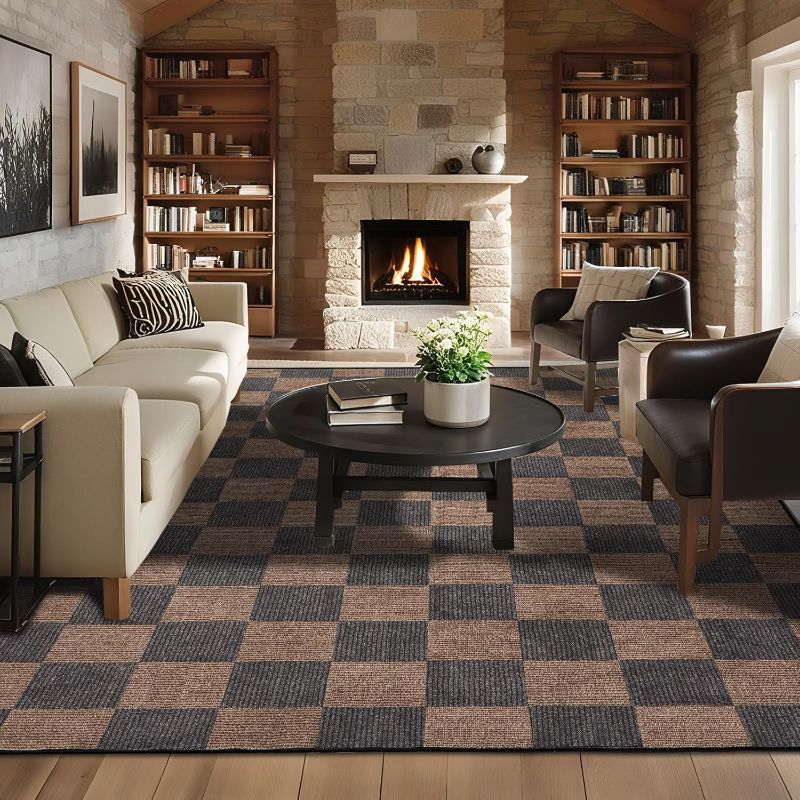 Photo 1 of Washable Rug 8x10 Checkered Rug, Black and Brown Area Rug, Boho Large Rugs for Living Room, Low Pile Lightweight Indoor Carpet with Non-Slip Backing for Bedroom Classroom Playroom Kids