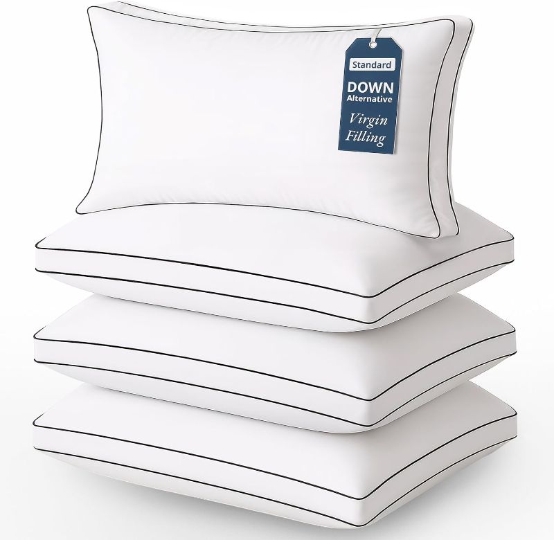 Photo 1 of Pillows Standard Size Set of 3 - Medium Soft Support Gusseted Standard Hotel Pillows for Bed, Cooling Down Alternative Sleeping Pillow for Back, Stomach or Side Sleepers, Easy Care - White
