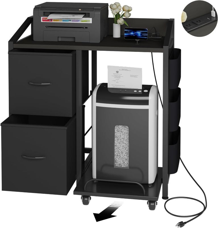 Photo 1 of Printer Stand with Storage, Lateral Office Filing Cabinets with Power outlets & USB Charging Port, File Cabinet with Large Printer Stands for Home Office, Shredder Stand Rack w/Wheels, Black