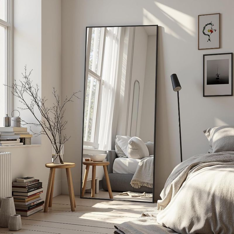 Photo 1 of Full Length Mirror, 58"x21" Oversized Floor Mirror Freestanding, Full Body Mirror Floor Standing Mirrors with Stand, Hanging Mounted Mirrors for Bedroom Living Room, Black, Rect Style