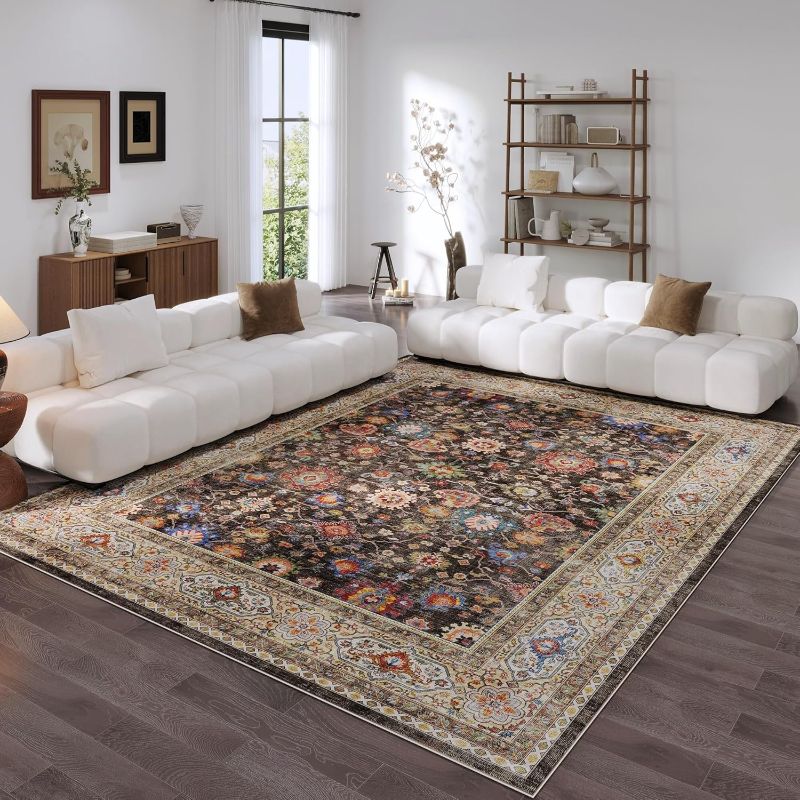 Photo 1 of Living Room Rug 5x7 Rug Machine Washable Boho Area Rug Non Slip Vintage Low Pile Large Rugs for Living Room, Bedroom, Farmhouse, Dining Room, Kids Playroom (Dark Espresso)