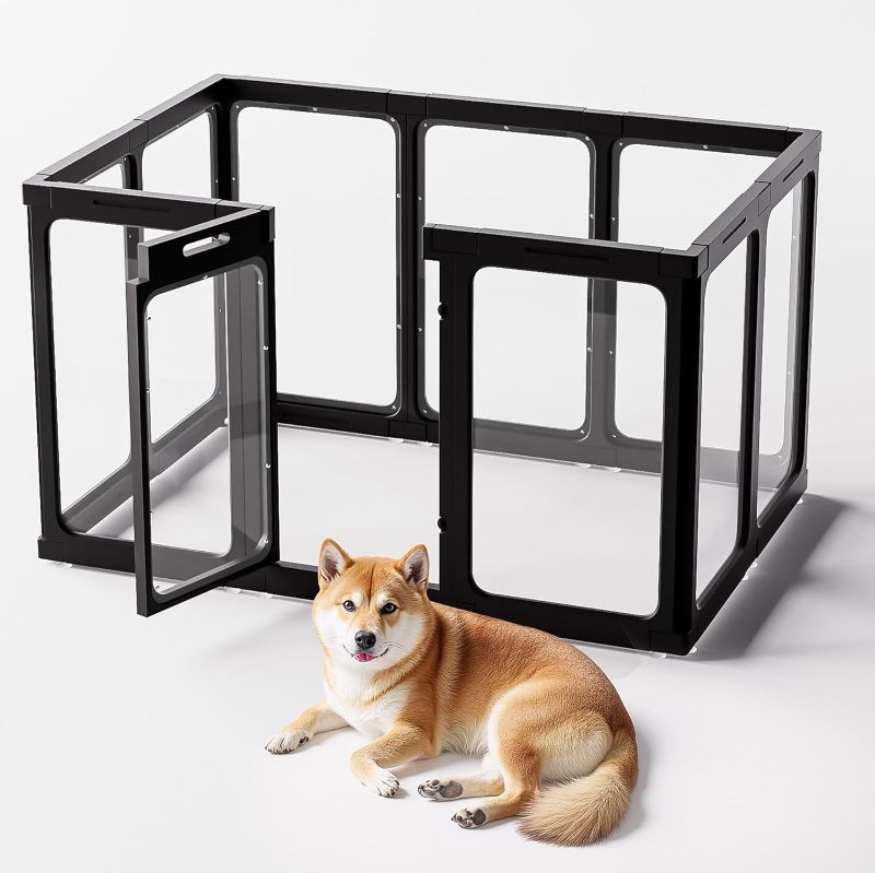 Photo 1 of 30" H Clear Acrylic Plastic Dog Playpen Indoor, 10PCS for Puppy Cat Rabbit Ferret Transparent Pet Pen, Easy Assemble Whelping Crate Kennel Cage Enclosure, Ideal for Small to Medium Dogs, Black