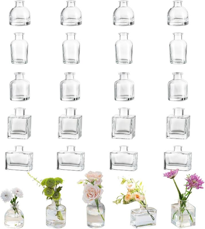 Photo 1 of Glasseam Mini Bud Vases for Centerpieces: Clear Small Flower Vase Set of 20 Cute Tiny Glass Vases for Flowers Modern Decorative Wedding Table Centerpiece for Dining Room Decoration