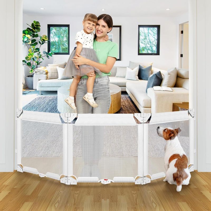 Photo 1 of 27.5 Inch Tall Foldable Dog Gate Step Over Pet Gate, 27.5"-83" Wide Adjustable Width & Angle Expandable Gate, 3 Panel Foldable Baby Gate Small Dog Gate, Indoor Baby Fence Gate Mesh Puppy Gate, White