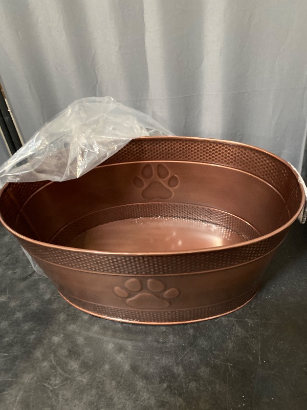 Photo 1 of Indestructible Metal Dog Toy Bin - Copper Galvanized Storage Bin with Handles, Puppy Basket for Dog Storage, Blankets, & Leashes, Paw Pet Toy Box (25-Quart)
