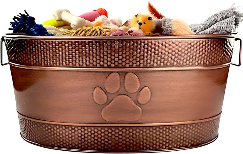Photo 1 of Indestructible Metal Dog Toy Bin - Copper Galvanized Storage Bin with Handles, Puppy Basket for Dog Storage, Blankets, & Leashes, Paw Pet Toy Box (25-Quart)