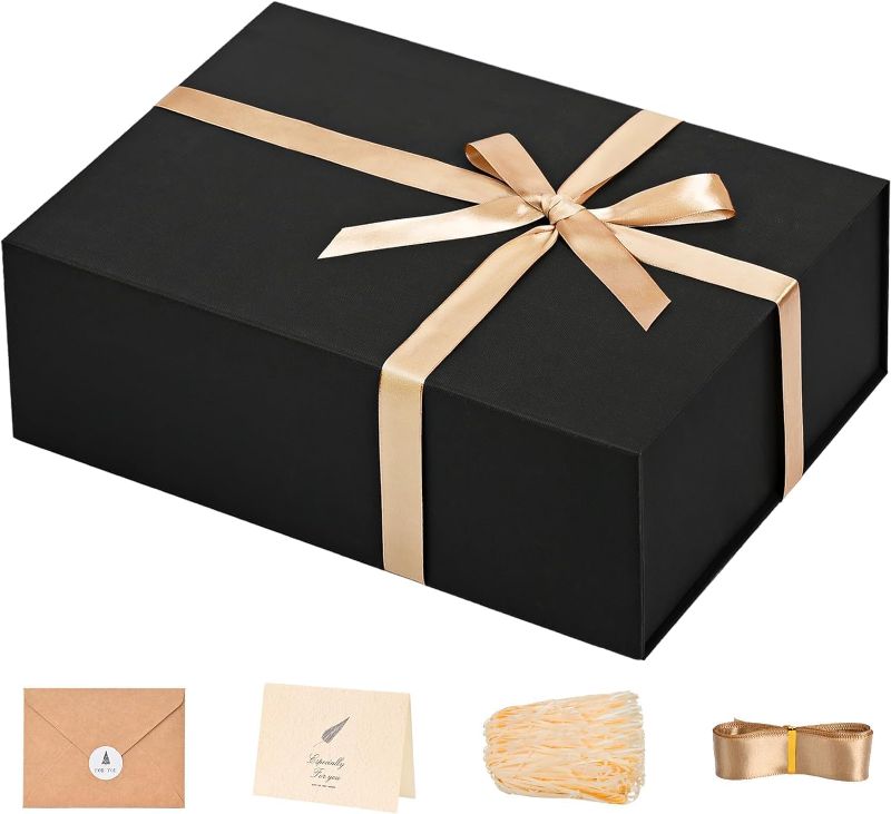 Photo 1 of Luxury Gift Box with Magnetic Lids for Groomsman, Proposal Gift Packing Contains Card, Ribbon, Filler Birthday, Black, Large, 13.5''x10''x4''