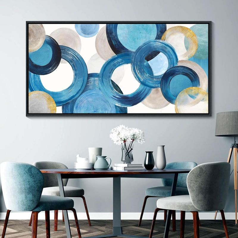 Photo 1 of Large Wall Art Living Room - Framed Abstract Canvas Wall Art Bedroom Teal Blue Circle Fantasy Painting Artwork Pictures Ready to Hang for Kitchen Bathroom Office Home Decor 29x58 In