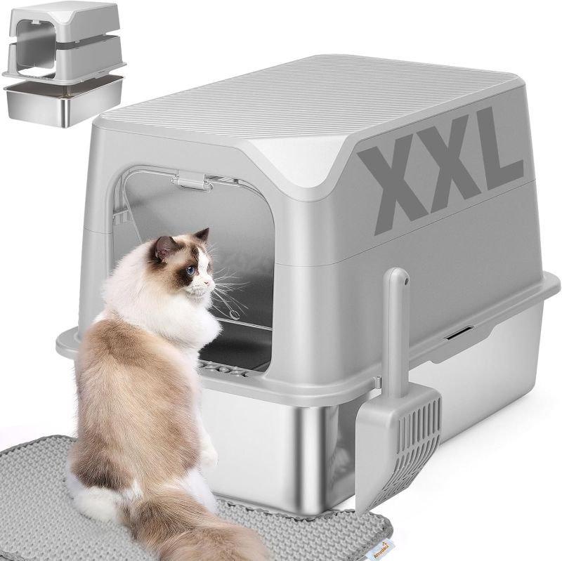 Photo 1 of Stainless Steel Cat Litter Box with Lid, Extra Large, Great for Large & Small Cats, Easy to Clean, Anti-Leakage, Non-Sticky, Multifunctional 2 in-1 Metal Cat Litter Box - Light Gray