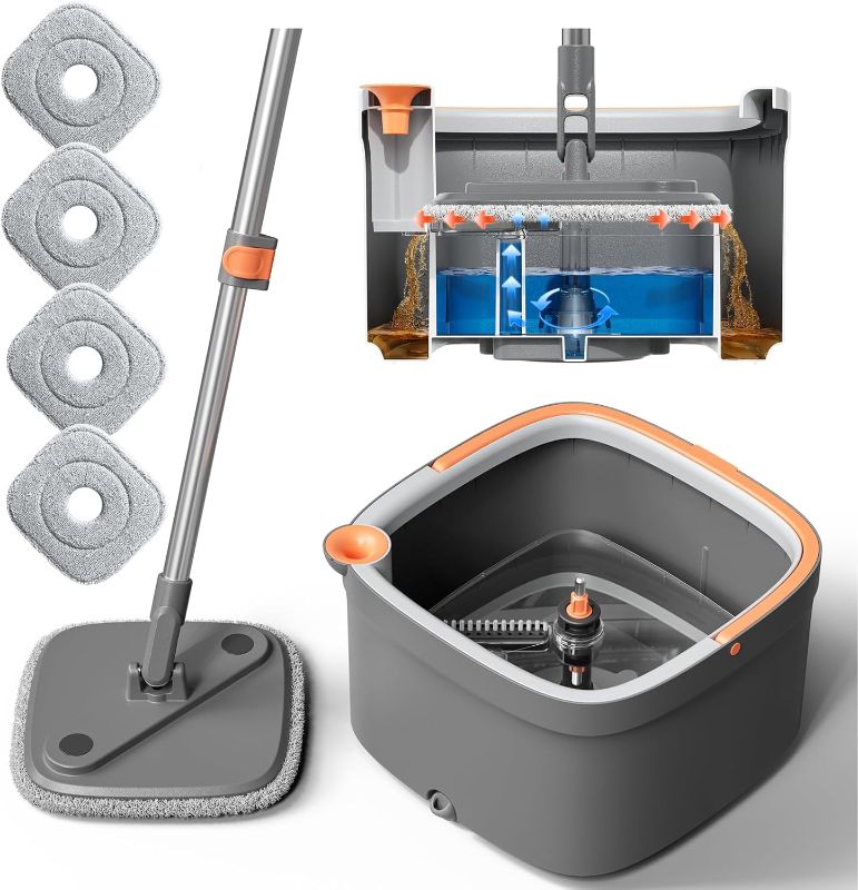 Photo 1 of Spin Mop and Bucket Set with 4 Replaceable Microfiber Mop Pads with Self Separation Dirty and Clean Water System, Self Wringing 360° Rotating Square Mop Head for Hardwood Tile Marble Floors