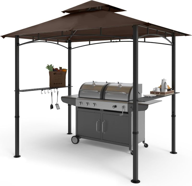 Photo 1 of COOSHADE 8'x 5' Grill Gazebo Double Tiered Outdoor BBQ Gazebo Canopy with LED Light (Brown)