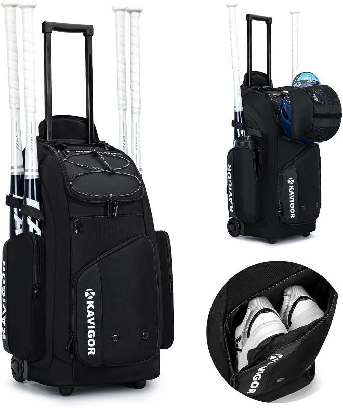 Photo 1 of Rolling Baseball Bag with Wheels, 60L Capacity Softball Bag Holds 4 Bats for Boys and Girls, Youth Equipment Bag with Shoe Compartment