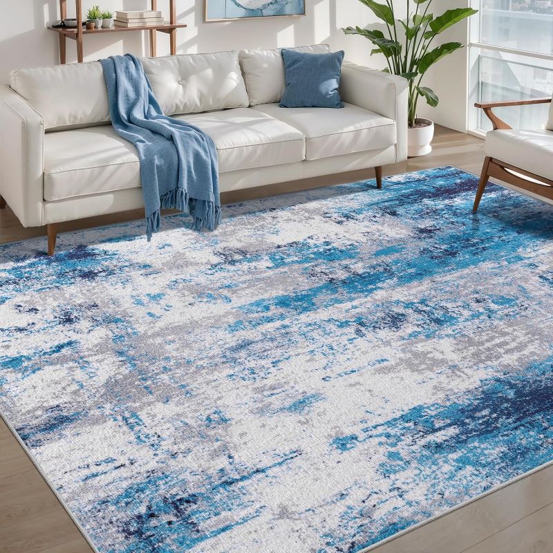 Photo 1 of Modern Abstract Rug for Living Room, 5'x7' Machine Washable Area Rug Non-Slip Rug, Low-Pile Contemporary Indoor Dining Floor Carpet for Bedroom Office Under Table Home Decor Grey Blue
