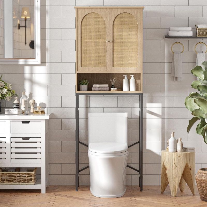 Photo 1 of Rattan Toilet Storage Cabinet, Over The Rack Wood Cabinet with Metal Stand, Bathroom Organizer with Adjustable Shelf, Tall Freestanding Washer Shelf, Small Cupboard, Natural