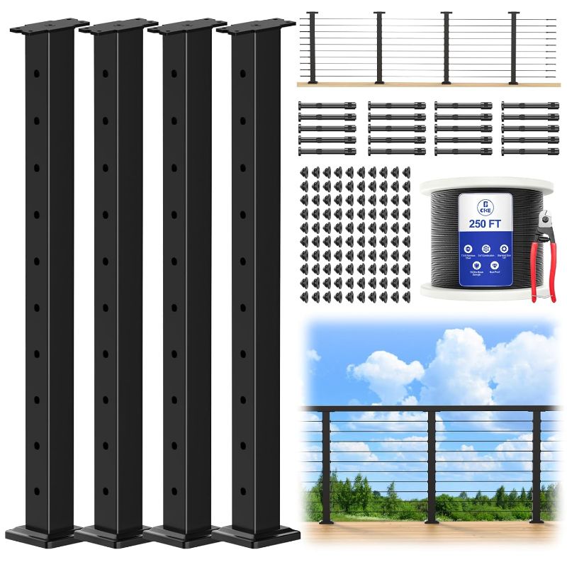 Photo 1 of CKE 15ft-20ft Complete Set 36" Cable Railing Post Kit, 4Pack Black Level Drilled Line Posts(35"x2"x2"), Swageless Deck Cable Railing System Kit, 250ft 1/8" Wire Rope(No Handrail), Black Post Kit LPS02