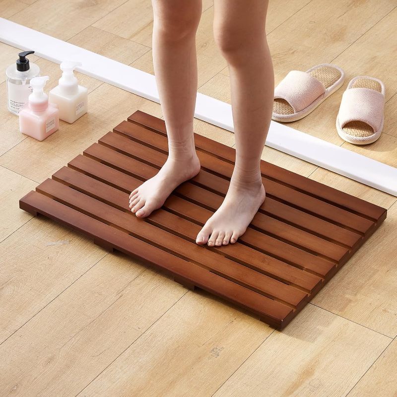Photo 1 of Bamboo Bath Mat for Shower with Non-Slip Rubber,Bathtub Mat,Floor Mat,Shower Mat for Indoor,Outdoor,Spa, Sauna, Pool (Brown, 25.5 * 17 * 1.4 inches)