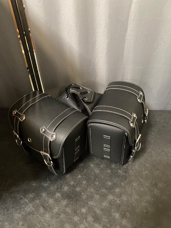 Photo 1 of Motorcycle Saddlebags with Lock & Water Bottle Bag, Scooter Powersports Faux Leather Saddle Bags, Softail Universal Throw Over Sportster Saddlebags for Motorcycles Side Bag 10.24"x4.72"x8,66