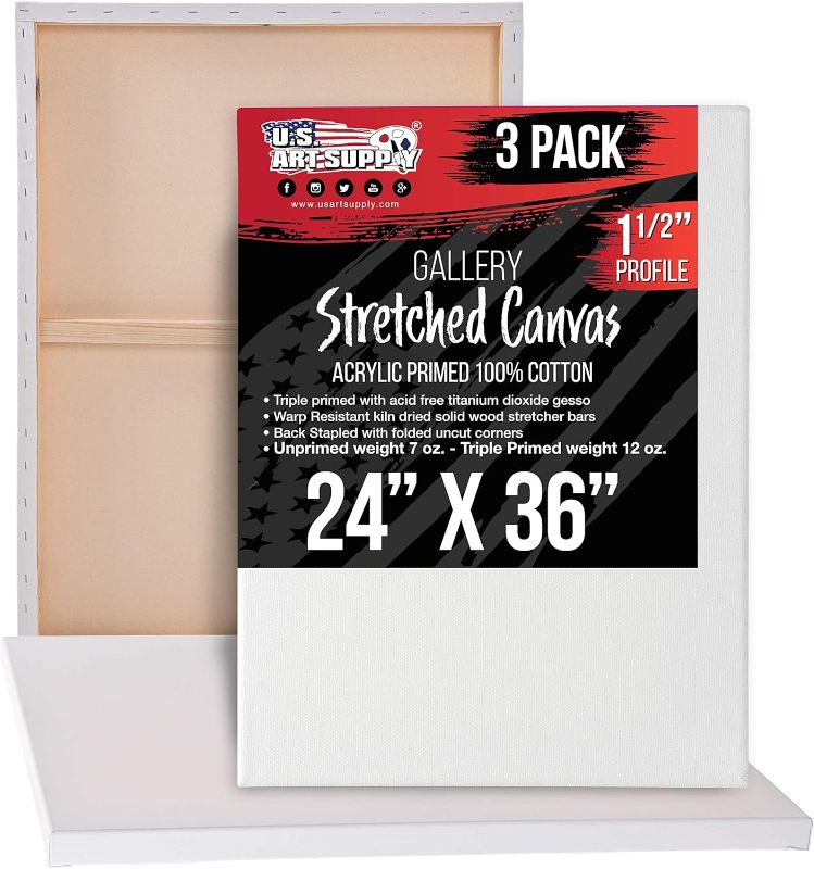 Photo 1 of U.S. Art Supply X-Large Stretched Canvas for Painting 24x36 inch Gallery Depth 1-1/2" Thick, 3-Pack - 12oz Acrylic Gesso Triple Primed, Professional Artist Quality, 100% Cotton - Oil, Pouring Paint