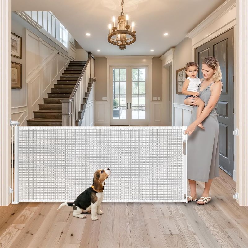 Photo 1 of Retractable Baby Gate No Drill, 96" Extra Wide Retractable Baby Gates for Doorways No Drilling, 8ft No Drill Dog Gate Mesh Dog Gates for Doorways Extra Wide Pet Gate Indoor No Drilling, White