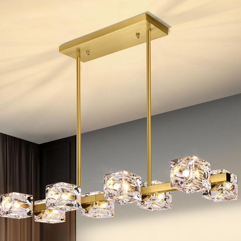 Photo 1 of Modern Crystal Chandeliers for Dining Room, 8-Light Gold Rectangular Dining Room Light Fixture, Adjustable Farmhouse Pendant Light with K9 Crystal Cube Shade for Kitchen Island, Living Room, Bedroom