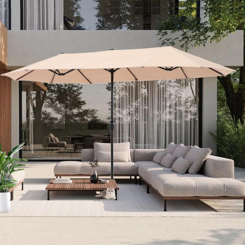 Photo 1 of PHI VILLA 13 ft Outdoor Patio Umbrella, Large Rectangular Double Sided Market Table Twin Umbrellas with Crank Handle for Deck Pool(Beige)