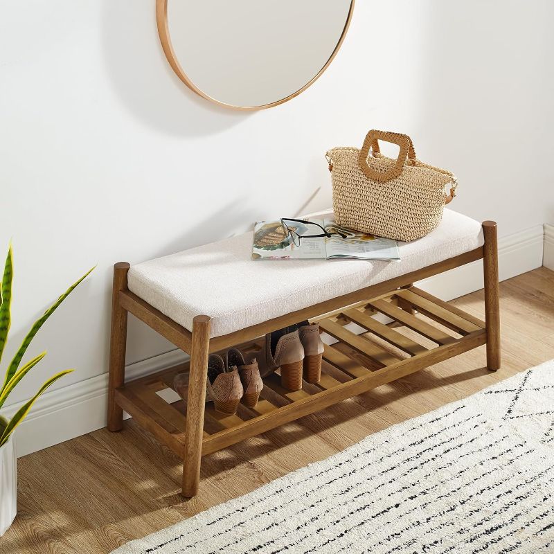 Photo 1 of Upholstered Entryway Bench, Bedroom Bench for End of Bed, Dining Bench with Padded Seat for Kitchen, Living Room, Fabric Rubber Wood Indoor Bench (Beige)