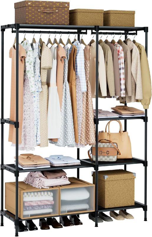 Photo 1 of Clothes Rack, Portable Closet, 44.9 Inch Large Capacity Wardrobe Closet, Clothes Storage Organizer with Shelves and 2 Hanging Rods, Easy to Assembly, Black