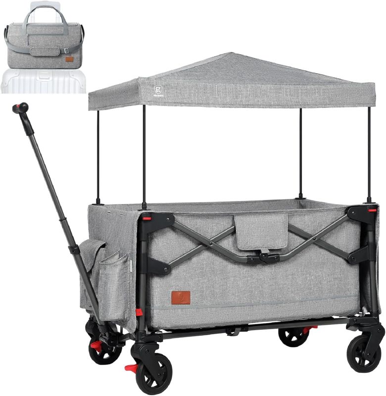 Photo 1 of EVER ADVANCED Foldable into Bag Travel Wagon Stroller for 2 Kids & Cargo, Collapsible Toddler Wagon with Removable Canopy, Adjustable 5-Point Harness, Lightweight Carry-on Stroller for Airplane
