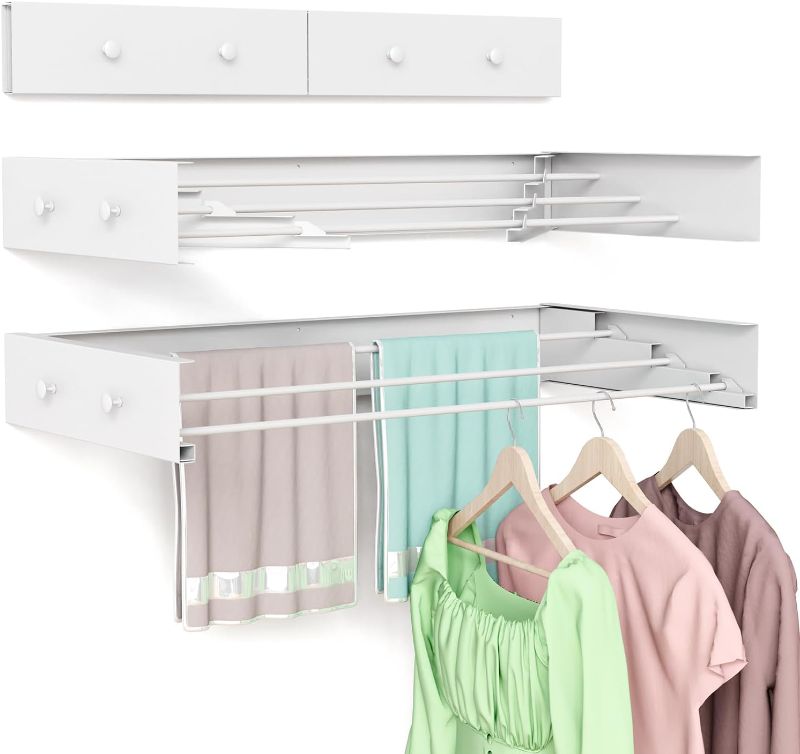 Photo 1 of Wall Mounted Drying Rack for Laundry 23.6'', Foldable Laundry Drying Rack Clothing Wall Mount with 4 Towel Hooks and 4 Rods, Space Saving for Indoor Outdoor Bathroom Balcony (White, 23.6'')