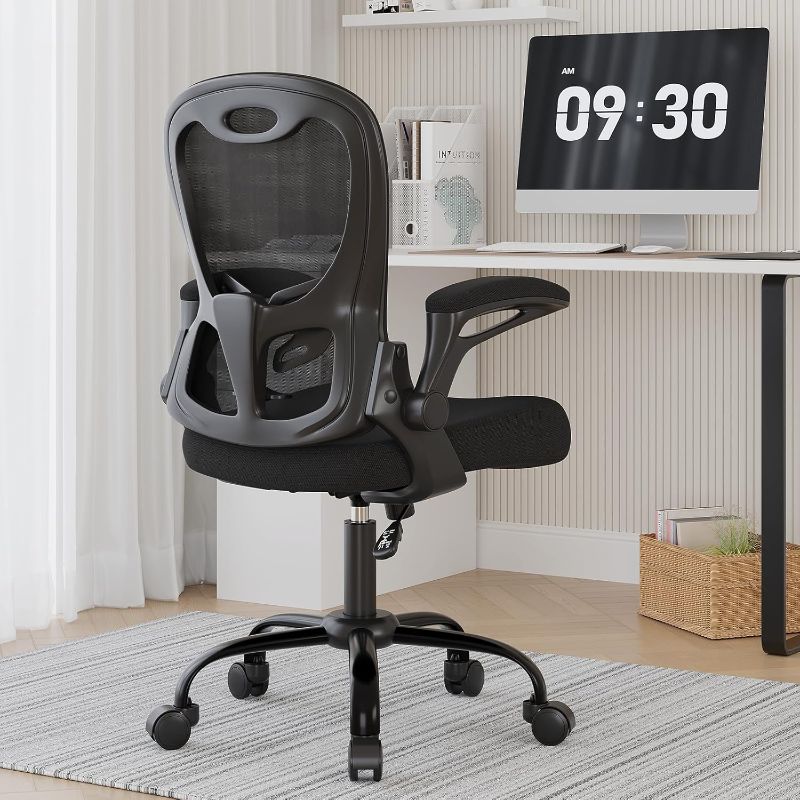 Photo 1 of Office Chair, Ergonomic Desk Chair Breathable Mesh Chair with Adjustable High Back Lumbar Support Flip-up Armrests, Long Hours Comfortable Computer Chair for Home Office, Black