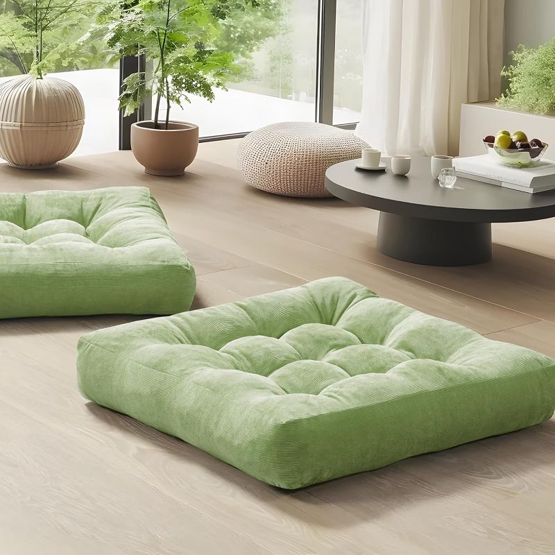 Photo 1 of Meditation Floor Pillow Set of 2, Square Large Pillows Seating for Adults, Tufted Corduroy Cushion for Living Room Tatami, Green 22x22 Inch