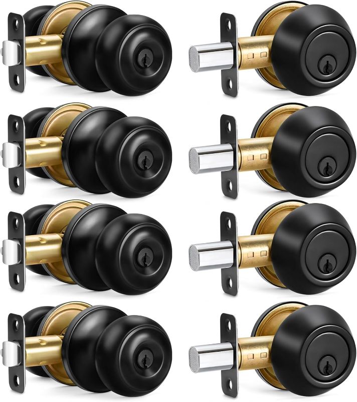 Photo 1 of 4 Sets Entry Door Knob and Single Cylinder Deadbolt Combo Set, Keyed Alike Round Ball Matte Black Exterior Door Knobs with Lock and Keys for Entrance and Front Door