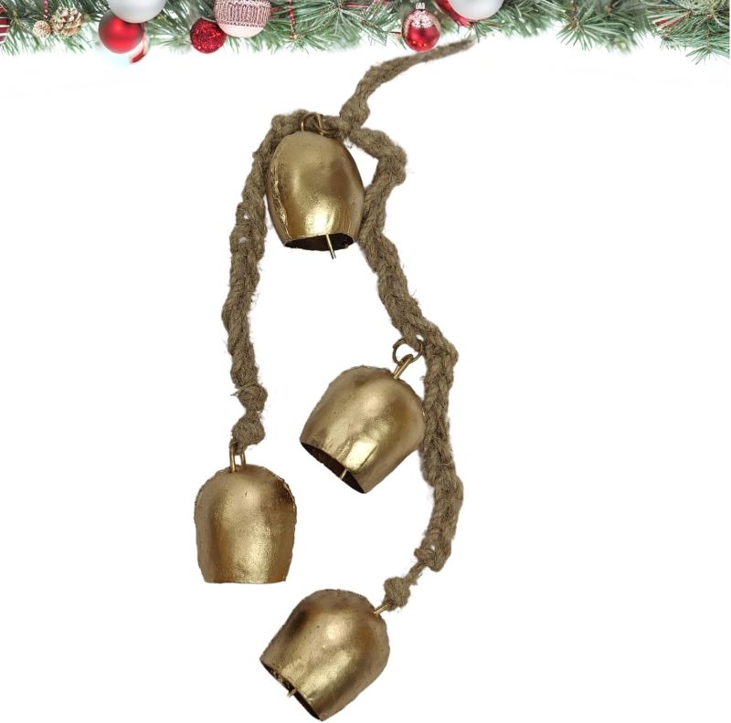 Photo 1 of Bell Chime Handmade Brass Finish Wall Hanging Rope 4 Bell Consists of 4 Cow Bells Antique Bell to Hang on Door Brass charismas for Entrance Wreaths Chimes Jingle