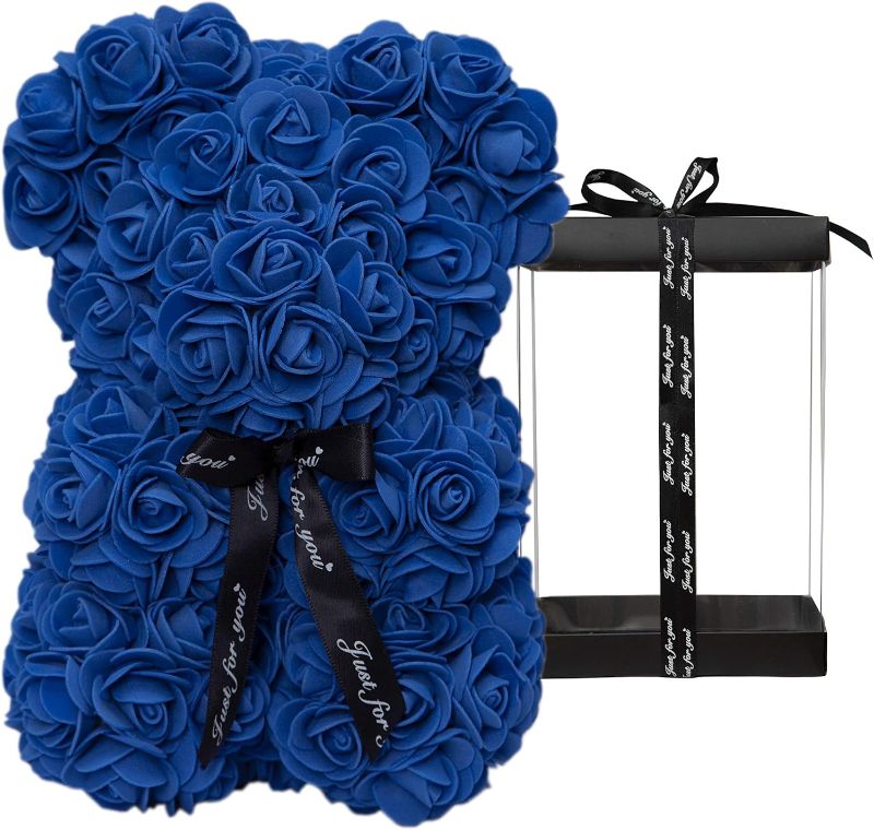 Photo 1 of Rose Bear Rose Teddy Bear Flower Gift Black Box for Valentines Gifts Anniversary Christmas,Birthdays Bridal Showers -Fully Handmade 10 inch Flower Bear Clear Gift Box (Royal Blue)
