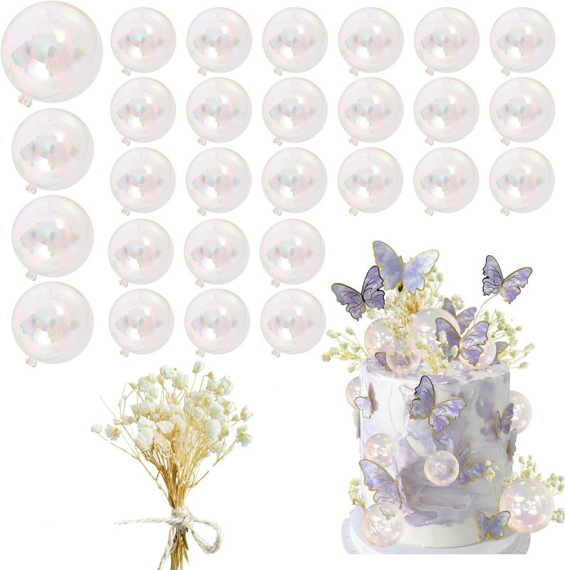 Photo 1 of 30 PCS Mini Balls Cake Topper DIY Cake Insert Topper Acrylic Cake Topper Foam Cake Balls Artificial Dried Flowers for Wedding Anniversary Baby Shower Birthday Party (Clear)