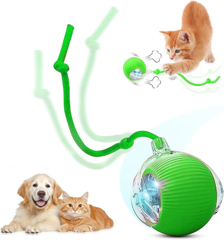 Photo 1 of Interactive Electric Automatic Rolling Moving USB Rechargeable Self Activated Play Stimulation Toy Smart Chase Teaser Ball with Speedy Tail Rope for Bored Adult Indoor Cats and Dogs, Green