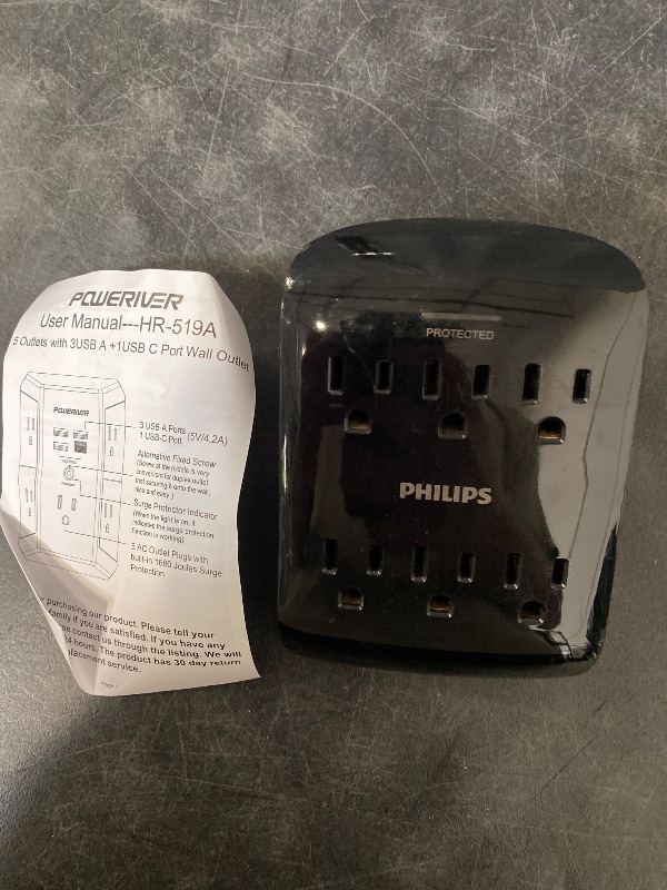 Photo 1 of Philips 6-Outlet Extender Surge Protector, Wall Tap, 900 Joules, 3-Prong, Space Saving Design, Protection Indicator LED Light, ETL Listed, White, SPP3461WA/37