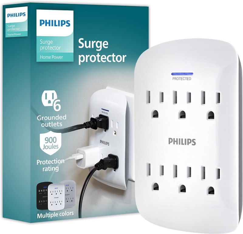 Photo 1 of Philips 6-Outlet Extender Surge Protector, Wall Tap, 900 Joules, 3-Prong, Space Saving Design, Protection Indicator LED Light, ETL Listed, White, SPP3461WA/37