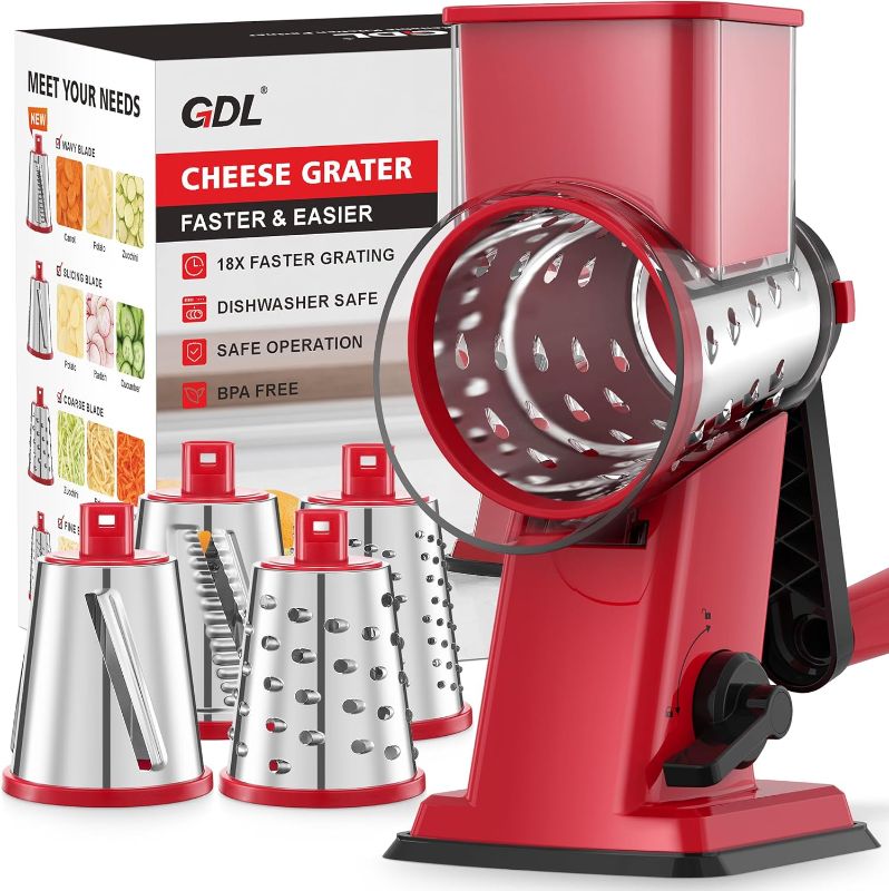 Photo 1 of GDL Rotary Cheese Grater Hand Crank - Upgraded Cheese Shredder with 4 Interchangeable Blades, Rotary Grater with Non-slip Suction Base, Easy to Clean Kitchen Grater Slicer Grinder for Vegetable Nuts