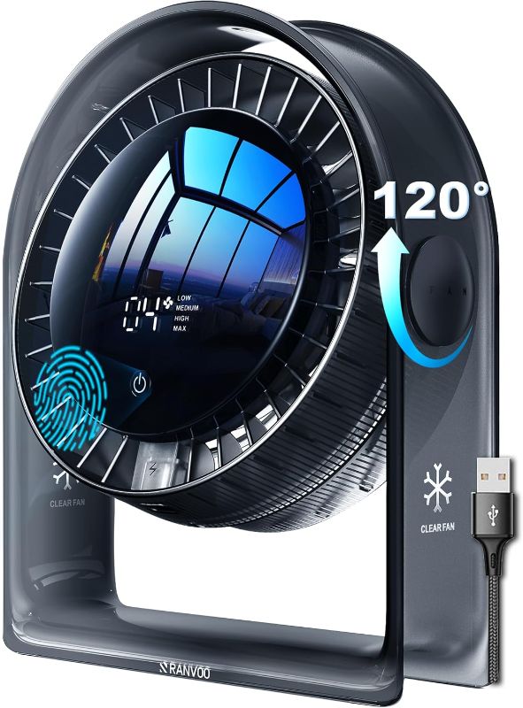Photo 1 of New Desk Fan, Quiet Air Circulator Mini Fan for Bedroom, Portable Smart Display USB Fan, 4 Speeds Strong Airflow, 120°Tilt, Small Desktop Table Fans For Office Bedside Room, Translucent Black