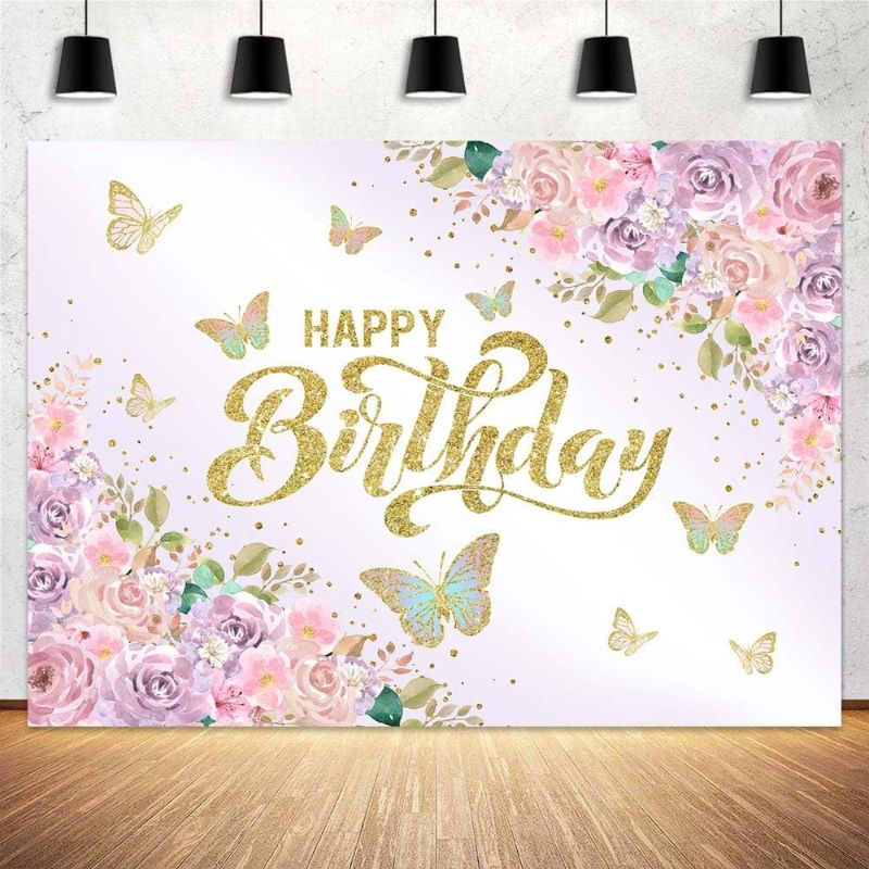 Photo 1 of Pink Rose Gold Birthday Backdrop for Women,Flower Butterfly Party Decorations Backdrop Photography for Girls Floral Glitters Banner, Happy Birthday Cake Dessert Table Party Photo Backdrop 9X6FT