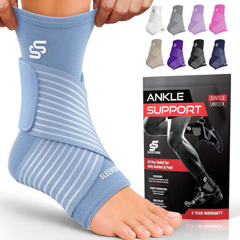Photo 1 of Sleeve Stars Ankle Brace for Women & Men, Ankle Wrap for Sprain, Compression Sleeve for Plantar Fasciitis Relief, Easy Customizable Support: w/ Removable Strap (Single/M:10"-12"/Light Blue)
