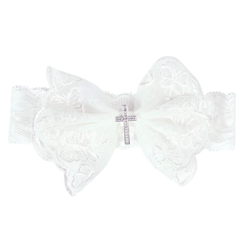 Photo 1 of Baby Girl's Elegant Lace Bow Knot Headband Children's Rhinestone Pearl Lace Headband for Birthday Party Photography (White Cross)
