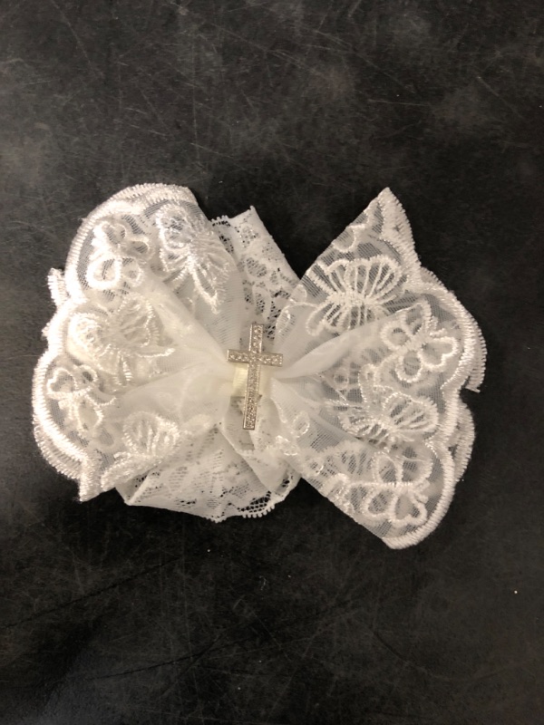 Photo 1 of Baby Girl's Elegant Lace Bow Knot Headband Children's Rhinestone Pearl Lace Headband for Birthday Party Photography (White Cross)