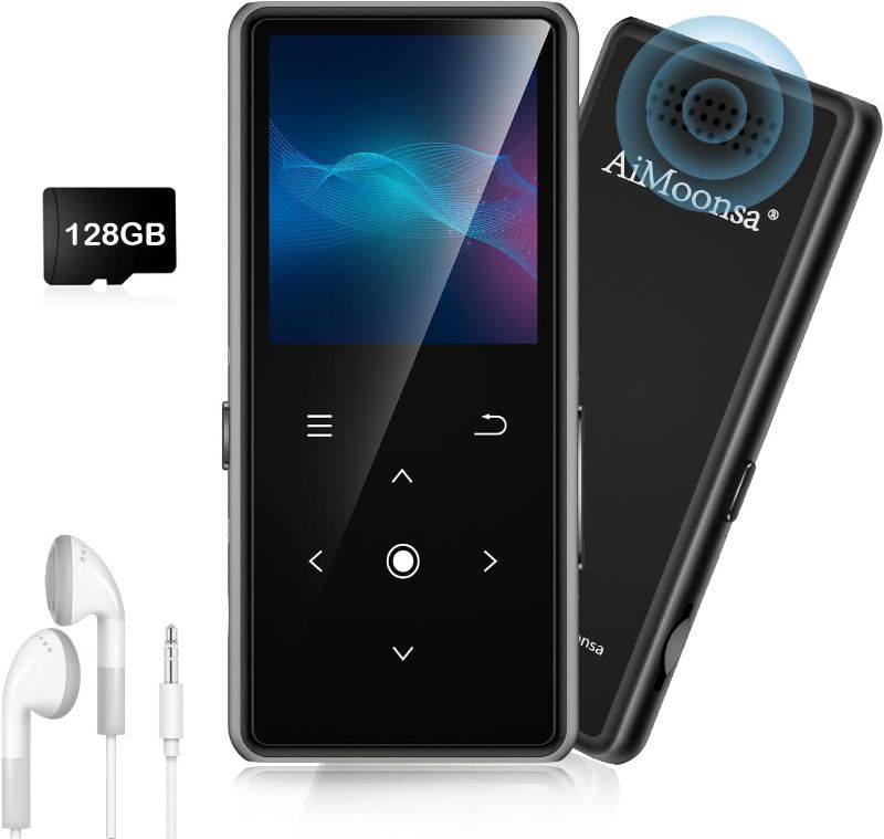 Photo 1 of 128GB MP3 Player with Bluetooth 5.2, AiMoonsa Music Player with Built-in HD Speaker, FM Radio, Voice Recorder, HiFi Sound, E-Book, Earphones Included