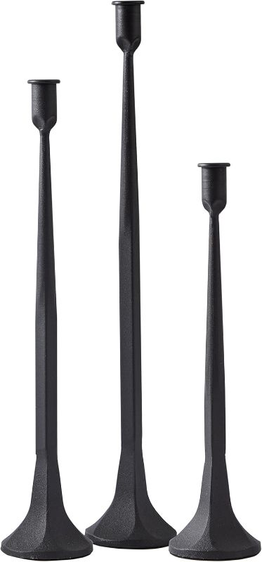 Photo 1 of Iron Taper Candle Holder Set of 3, Black Candlestick Holders 19.3”17” 14” Heightening Decorative Candle Stand Set for Wedding, Dining Table, Home Decoration (Black)