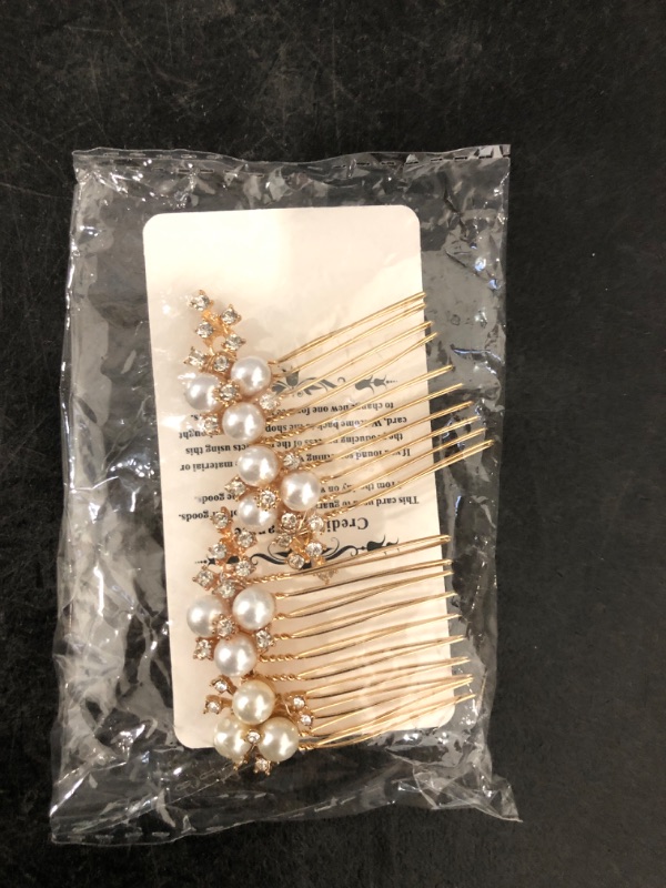 Photo 1 of Gold Wedding Pearl Hair Comb Bride Crystal Hairpiece Bridal Rhinestone Hair Clip Hair Accessories for Women (Set of 2) (A-Gold)
